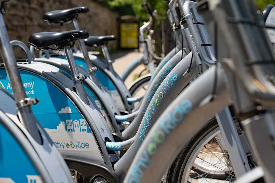 Close-up of row of Healthy Ride bike share bicycles